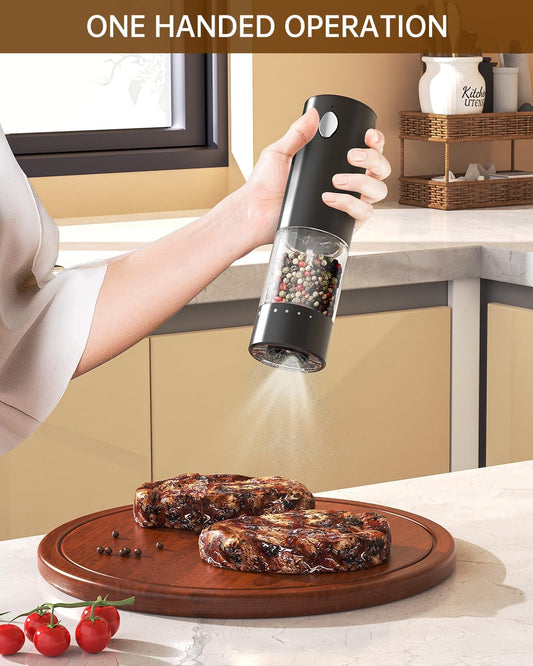 CIRCLE JOY Electric Salt and Pepper Grinder Set with 6 Levels External Adjustable Coarseness, Dustproof Storage Base, Automatic Pepper Mill Shakers Set for Kitchen, White LED Light, Black