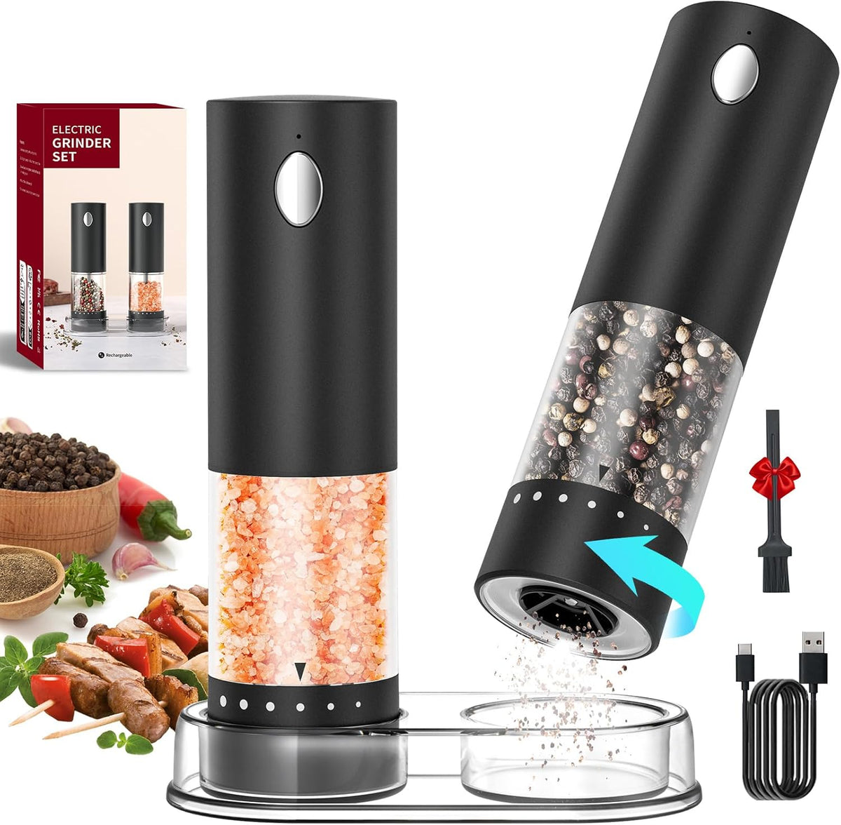 CIRCLE JOY Electric Salt and Pepper Grinder Set with 6 Levels External Adjustable Coarseness, Dustproof Storage Base, Automatic Pepper Mill Shakers Set for Kitchen, White LED Light, Black