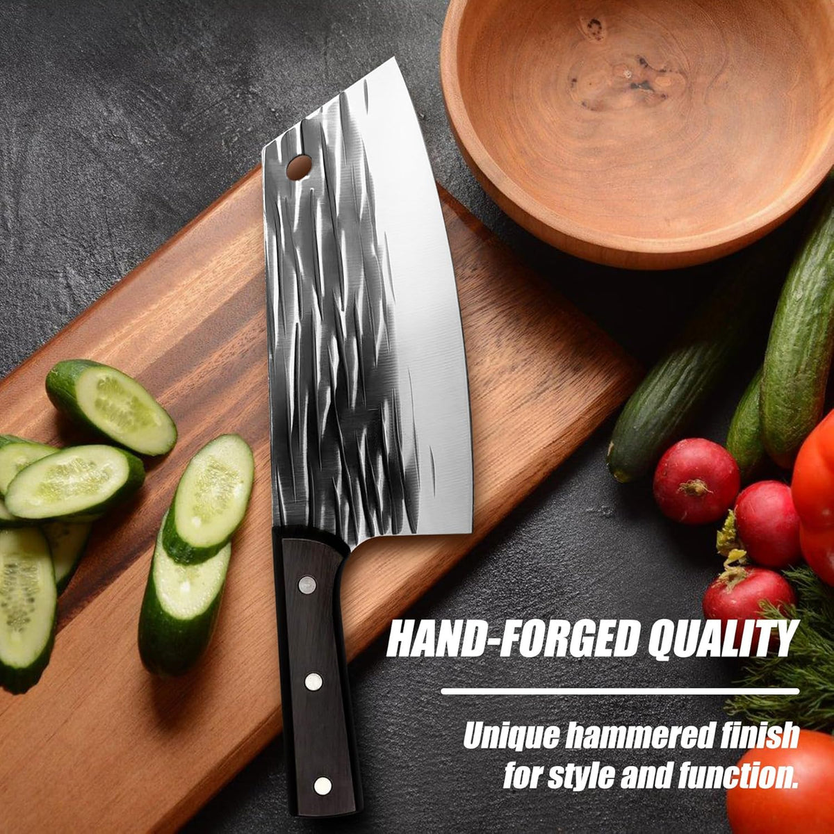 ATISEN Hand-Forged 11.4" Chef Knife - 7.4" High Carbon Steel Butcher Cleaver with Ergonomic Anti-Slip Wood Handle - Durable & Razor-Sharp Meat Cutting Knife - Perfect Kitchen Gift - PuriLite