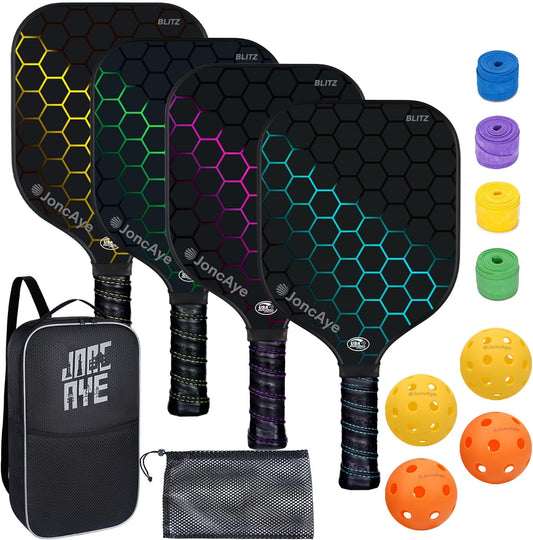 JoncAye Pickleball-Paddles-Set of 4 or 2 Rackets and Balls with Bag, Lead Tapes | Fiberglass Pickle-Ball Racquets and Accessories for Men, Women, Kids, Adults | USAPA Approved Raquette de Pickleball - PuriLite