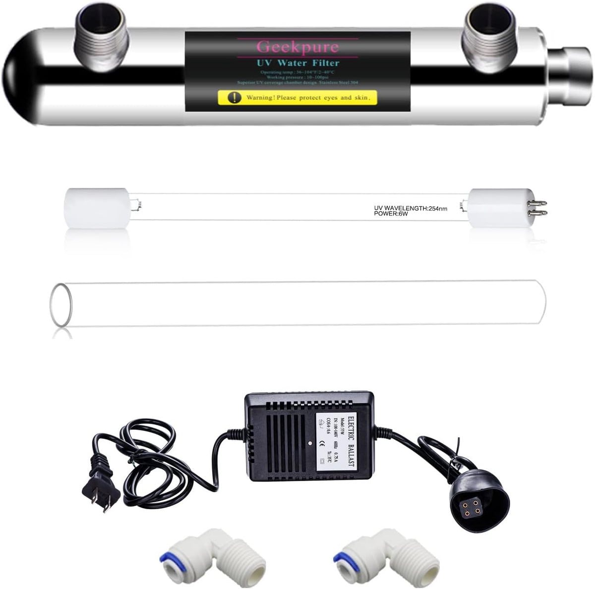 Geekpure 0.5-1 GPM UV Water System (6 Watt) UV Water Filter - PuriLite
