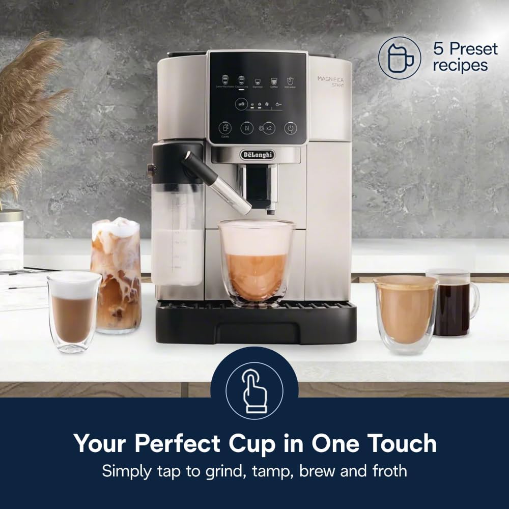 De'Longhi Magnifica Start Espresso & Coffee Machine with Automatic Milk Frother, One Touch Latte, Cappuccino, Built-in Grinder, Silver, ECAM22080SB - PuriLite