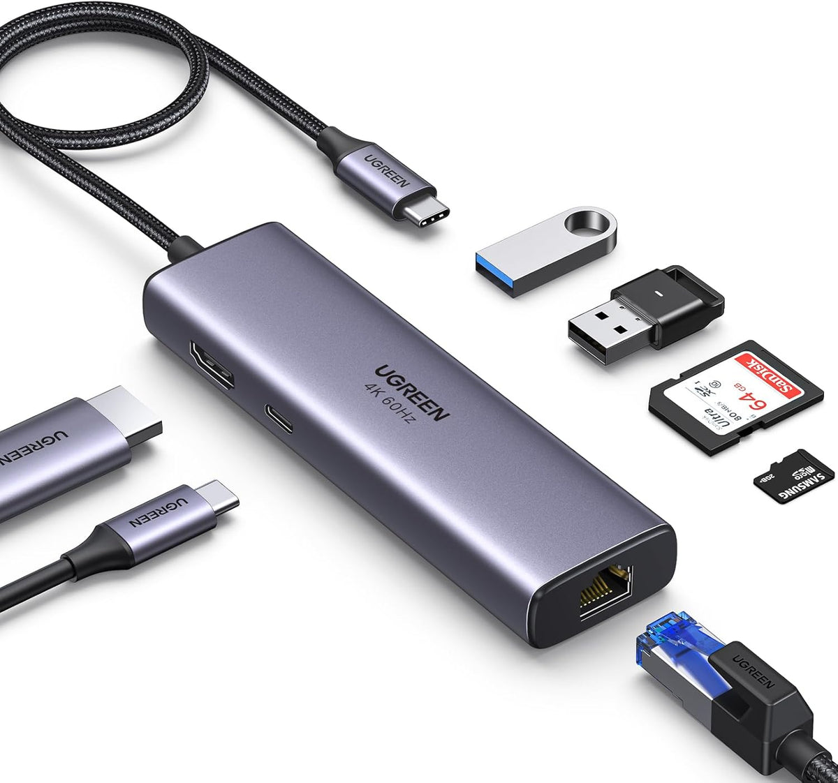 UGREEN Revodok USB C Hub, 7 in 1 USB C Dock with 4K 60Hz HDMI, 1Gbps Ethernet, 2 USB 3.0, 100W PD, SD/TF Card Reader Docking Station Compatible with MacBook Pro/Air, iPad, XPS, Thinkpad, Steam Deck - PuriLite