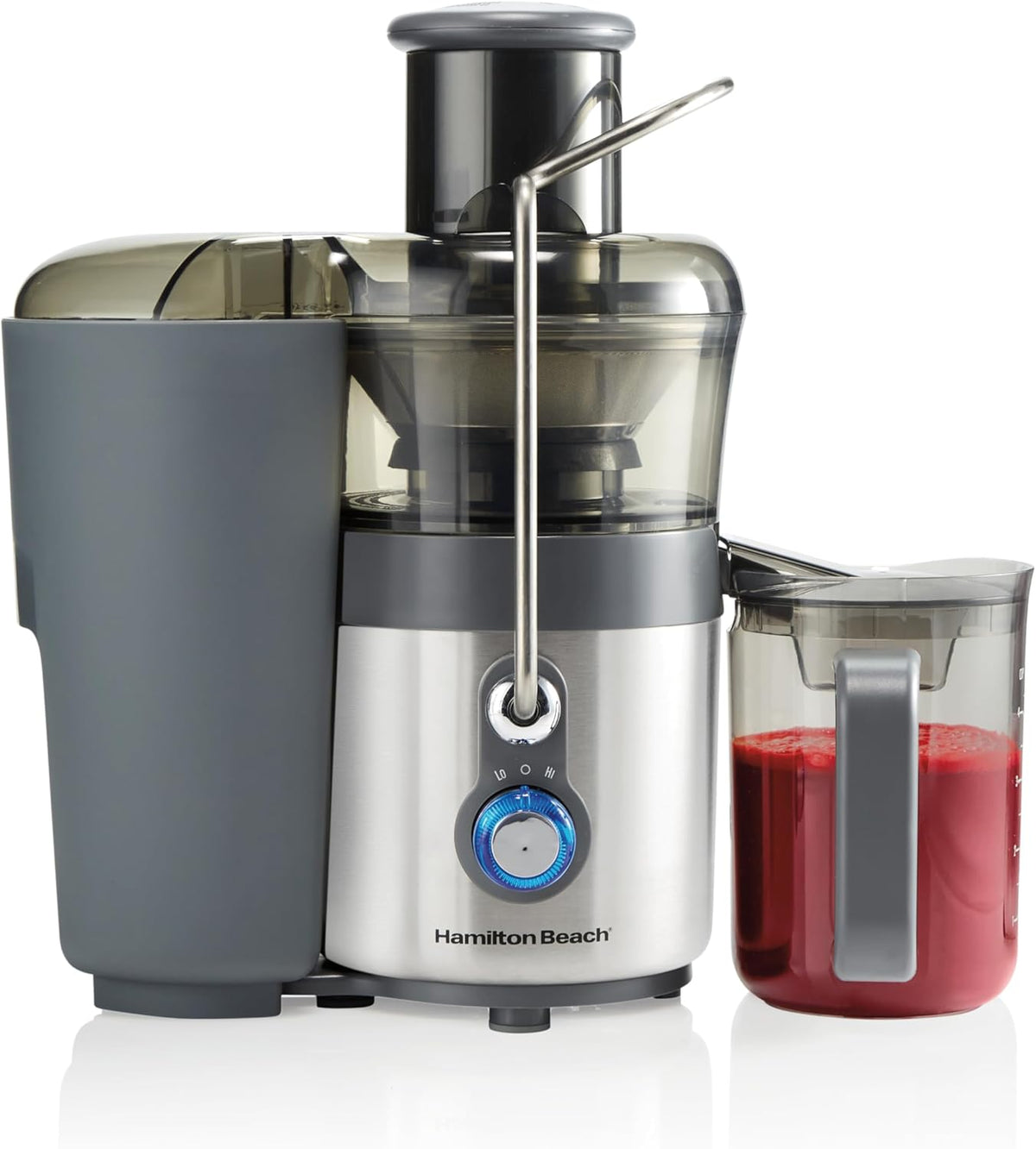 Hamilton Beach Juicer Machine, Centrifugal Extractor, Big Mouth 3" Feed Chute, Easy Clean, 2-Speeds, BPA Free Pitcher, Holds 40 oz. - 850W Motor, Silver - PuriLite