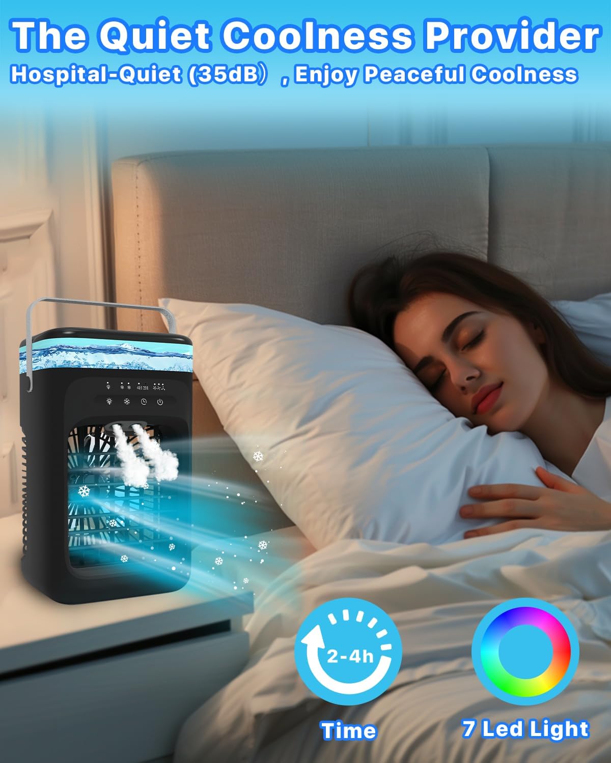 Mecmic Portable Air Conditioner Cooling Fan - 3 Speeds, 2 Mist Modes, 1000mL Water Tank, 7-Color Night Light, 2-4H Timer, Mini Cooling Fan for Bedroom, Office, Camping - PuriLite