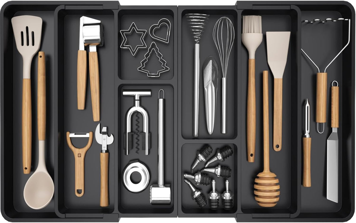 Lifewit Large Utensil Organizer for Kitchen Drawer, Expandable to 36 Inches Wide, Adjustable Cooking Silverware Tray, Plastic Cutlery Flatware Holder, Spatula Tools and Gadgets Storage Divider, Black - PuriLite