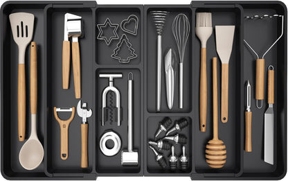 Lifewit Large Utensil Organizer for Kitchen Drawer, Expandable to 36 Inches Wide, Adjustable Cooking Silverware Tray, Plastic Cutlery Flatware Holder, Spatula Tools and Gadgets Storage Divider, Black - PuriLite