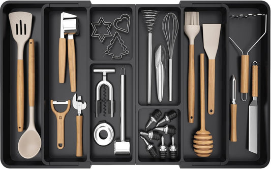 Lifewit Large Utensil Organizer for Kitchen Drawer, Expandable to 36 Inches Wide, Adjustable Cooking Silverware Tray, Plastic Cutlery Flatware Holder, Spatula Tools and Gadgets Storage Divider, Black - PuriLite