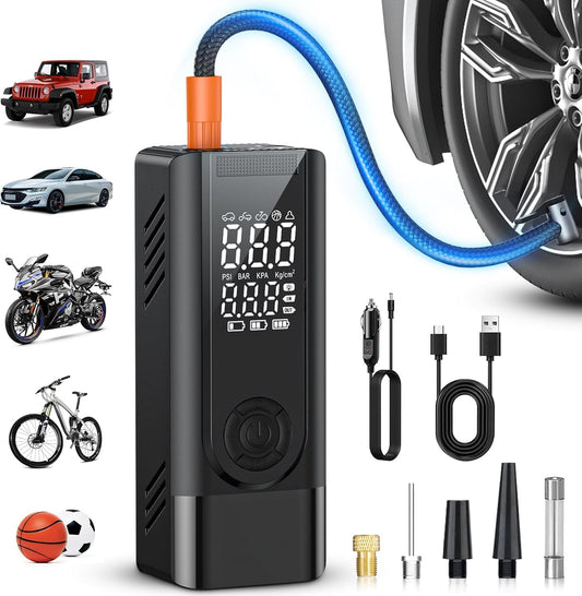 Tire Inflator Portable Air Compressor, Cordless Battery Powered and 12V DC Dual Power Air Pump for Car Tires, 150PSI Electric Bike Tire Pump with Pressure Gauge, LED Light for Car, Bike, Motor, Balls - PuriLite