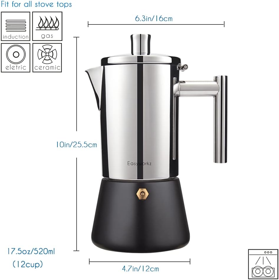 Easyworkz Diego Stovetop Espresso Maker 12Cup 520ml Stainless Steel Italian Coffee Machine Maker Induction Moka Pot - PuriLite