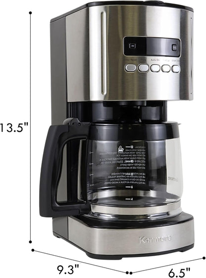 Kenmore Coffee Maker 12 cup Drip Coffee Machine Reusable Filter Programmable Timer Digital Display Aroma Control Glass Carafe Charcoal Water Filter Regular Bold Stainless Steel and Black - PuriLite