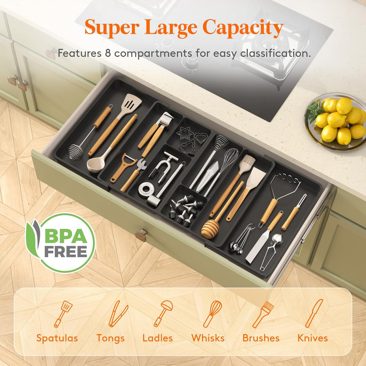 Lifewit Large Utensil Organizer for Kitchen Drawer, Expandable to 36 Inches Wide, Adjustable Cooking Silverware Tray, Plastic Cutlery Flatware Holder, Spatula Tools and Gadgets Storage Divider, Black - PuriLite