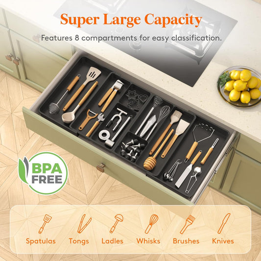Lifewit Large Utensil Organizer for Kitchen Drawer, Expandable to 36 Inches Wide, Adjustable Cooking Silverware Tray, Plastic Cutlery Flatware Holder, Spatula Tools and Gadgets Storage Divider, Black - PuriLite