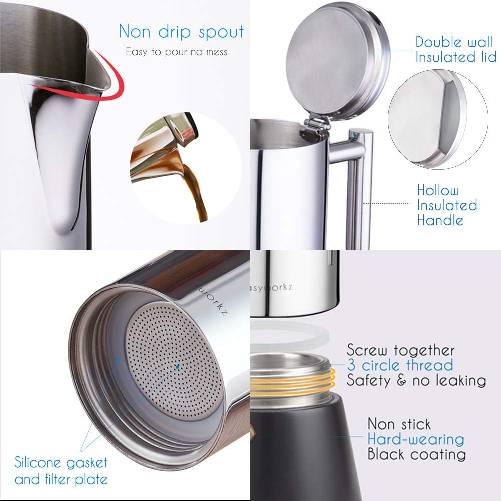Easyworkz Diego Stovetop Espresso Maker 12Cup 520ml Stainless Steel Italian Coffee Machine Maker Induction Moka Pot - PuriLite