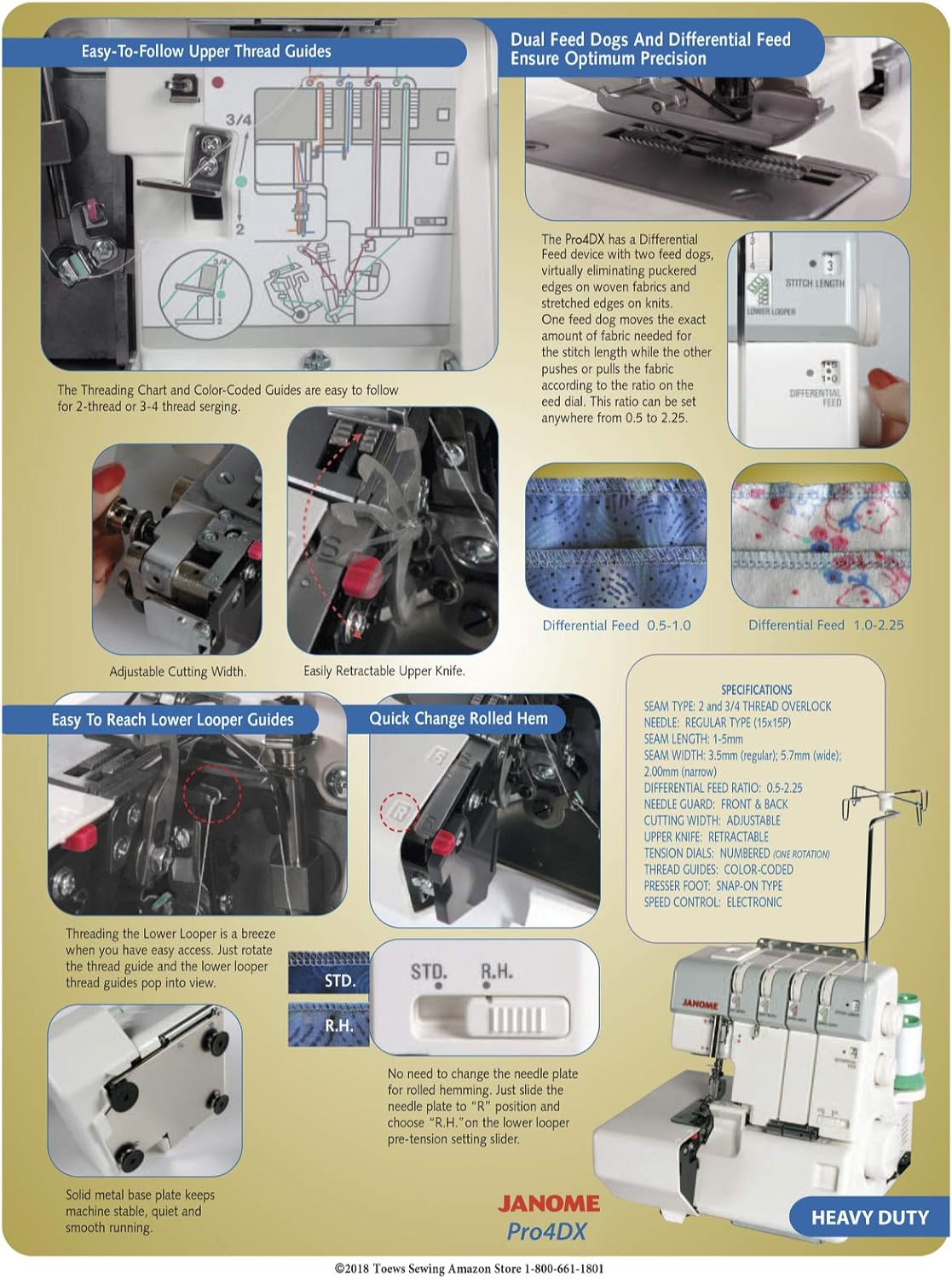 Janome Pro4DX Heavy-Duty Overlock Serger, with Easy Threading Lower Looper, Differential Feed, 2 needle, 2/3/4 Thread Overlock Stitching. Metal Thread Mast - PuriLite