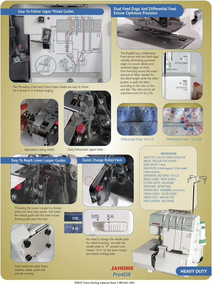 Janome Pro4DX Heavy-Duty Overlock Serger, with Easy Threading Lower Looper, Differential Feed, 2 needle, 2/3/4 Thread Overlock Stitching. Metal Thread Mast - PuriLite