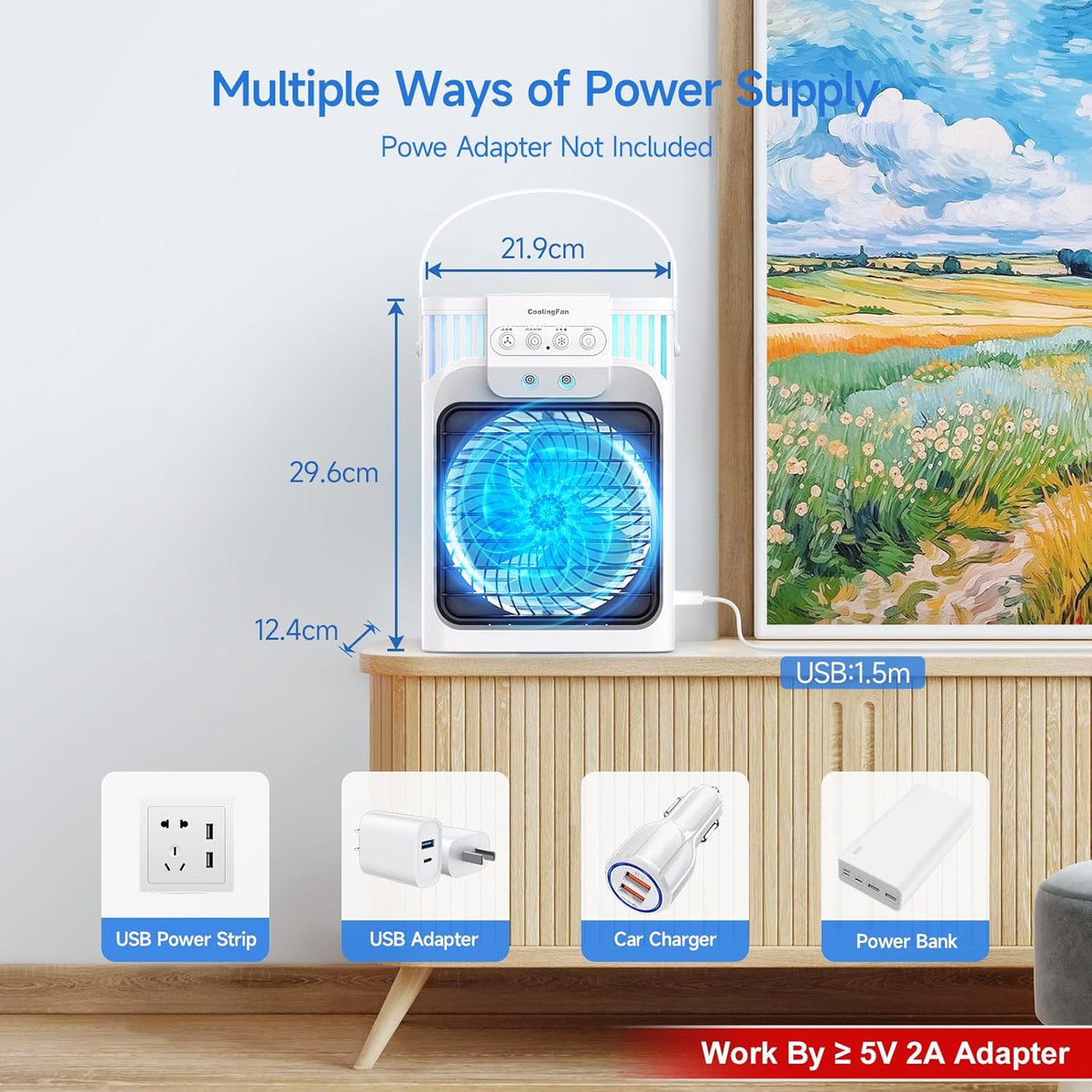 Portable Air Conditioner Cooling Fan with Remote, Quiet with 3 Speeds, 1200ml Evaporative Personal Air Cooler Fan with 3 Mist, 7 Night Light, 8H Timer, Small Air Conditioner for Bedroom Office - PuriLite
