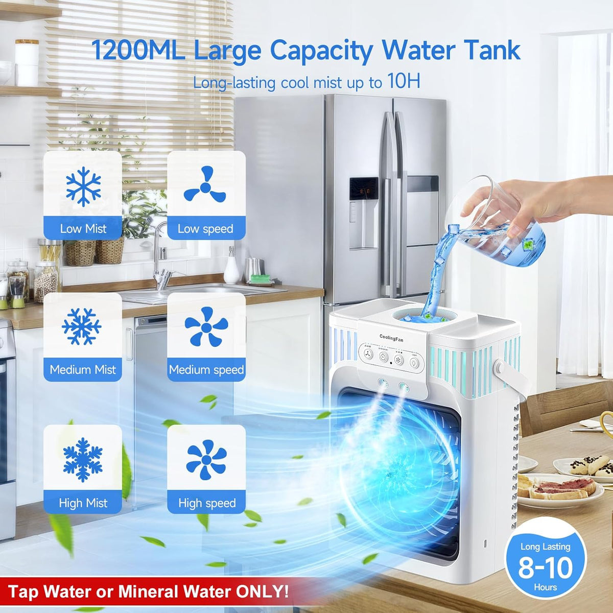 Portable Air Conditioner Cooling Fan with Remote, Quiet with 3 Speeds, 1200ml Evaporative Personal Air Cooler Fan with 3 Mist, 7 Night Light, 8H Timer, Small Air Conditioner for Bedroom Office - PuriLite