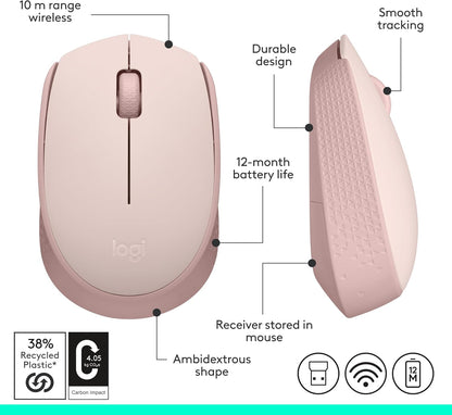 Logitech M170 Wireless Mouse for PC, Mac, Laptop, 2.4 GHz with USB Mini Receiver, Optical Tracking, 12-Months Battery Life, Ambidextrous - Rose - PuriLite