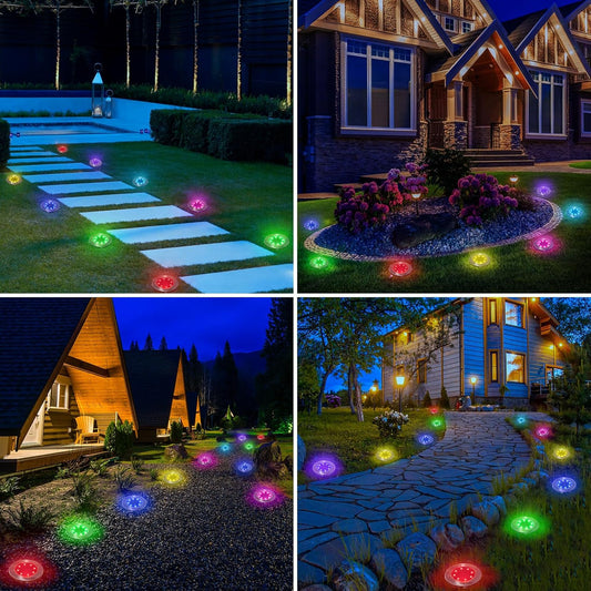 LYHOPE Solar Ground Lights Outdoor, 16 Pack 8 LED Color Changing Solar Disk Lights Waterproof Garden In-ground Pathway Lights Landscape Lighting for Lawn,Yard,Deck,Patio,Walkway (RGB)