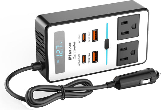 200W Car Power Inverter DC 12V to 110V AC, Cigarette Lighter Adapter Plug with 65W USB-C/USB Fast Charger 24W Laptop Car Charger with Voltage Display