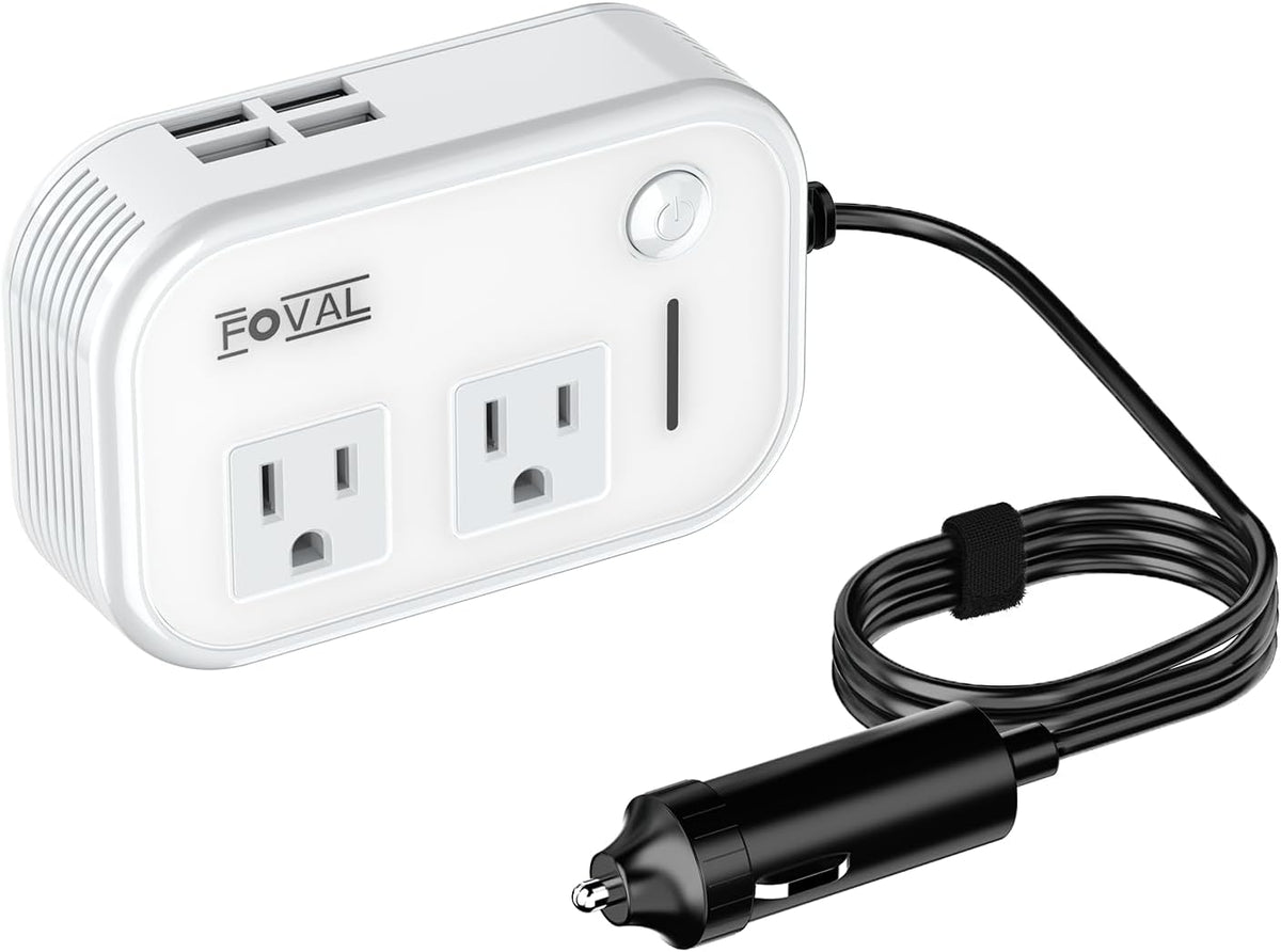 FOVAL 200W Car Power Inverter, 12V DC to 110V AC Car Converter with 4 USB Ports Car Laptop Charger Multi-Protection Car Adapter for Plug Outlet (White)