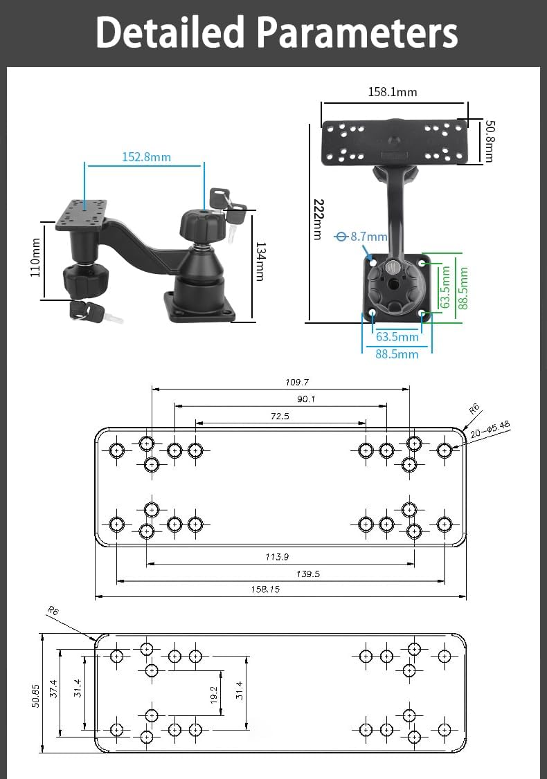 Strg Fish Finder Mount with Lock for Boat, Kayak Fish Finder Swing Mount Marine Electronics Mounts with Rectangular Plate Compatible with Scotty Garmin Lowrance Humminbird and More Depth Finder - PuriLite