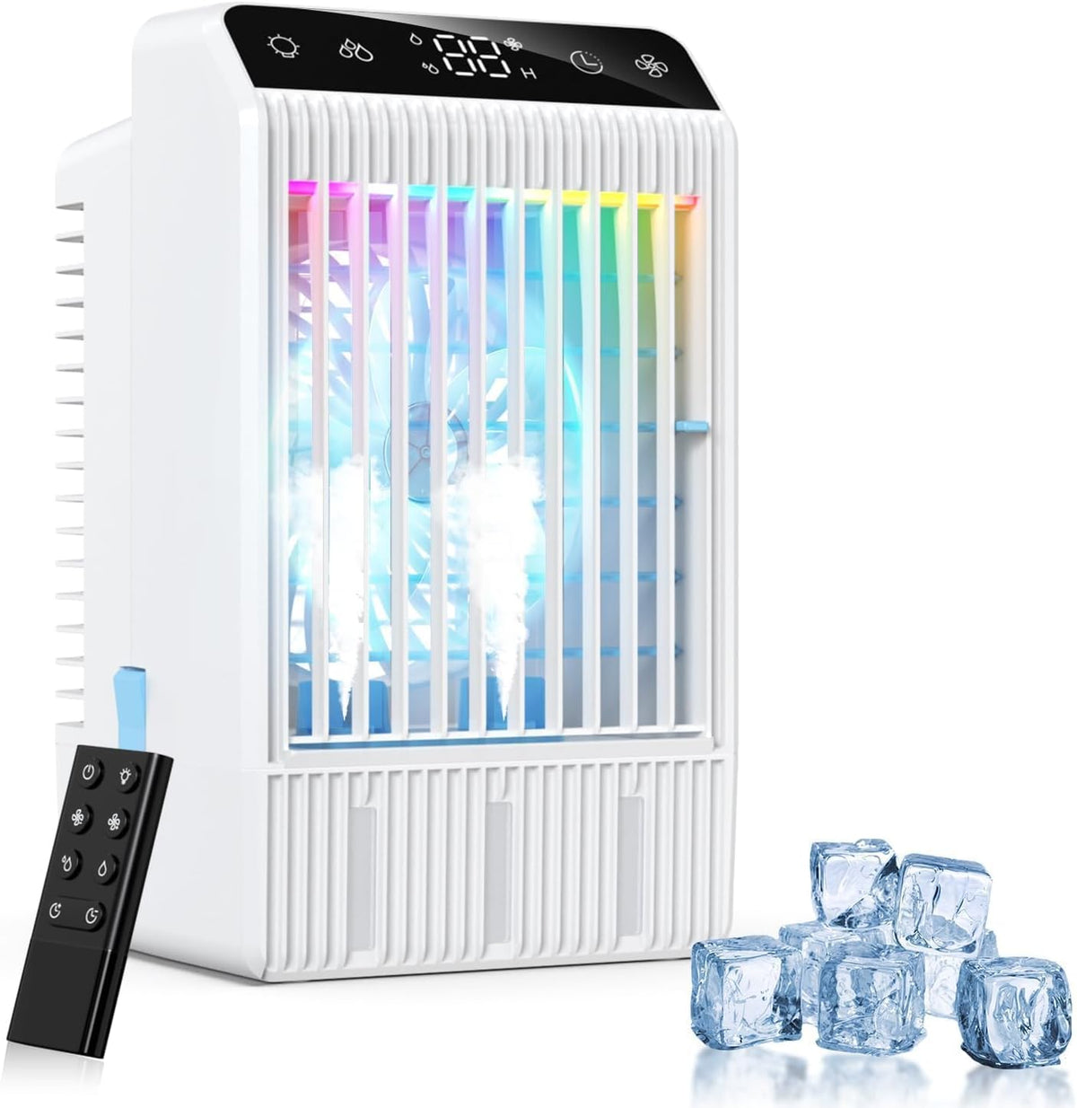 Portable Air Conditioners with Display, 1000ml Mini Air Conditioner 4-in-1 Air Cooler Remote Humidifier Mini AC with Dual Spray & 7 Colors Light, 4 Speeds Timing Personal Air Conditioner Cooling Fan - PuriLite