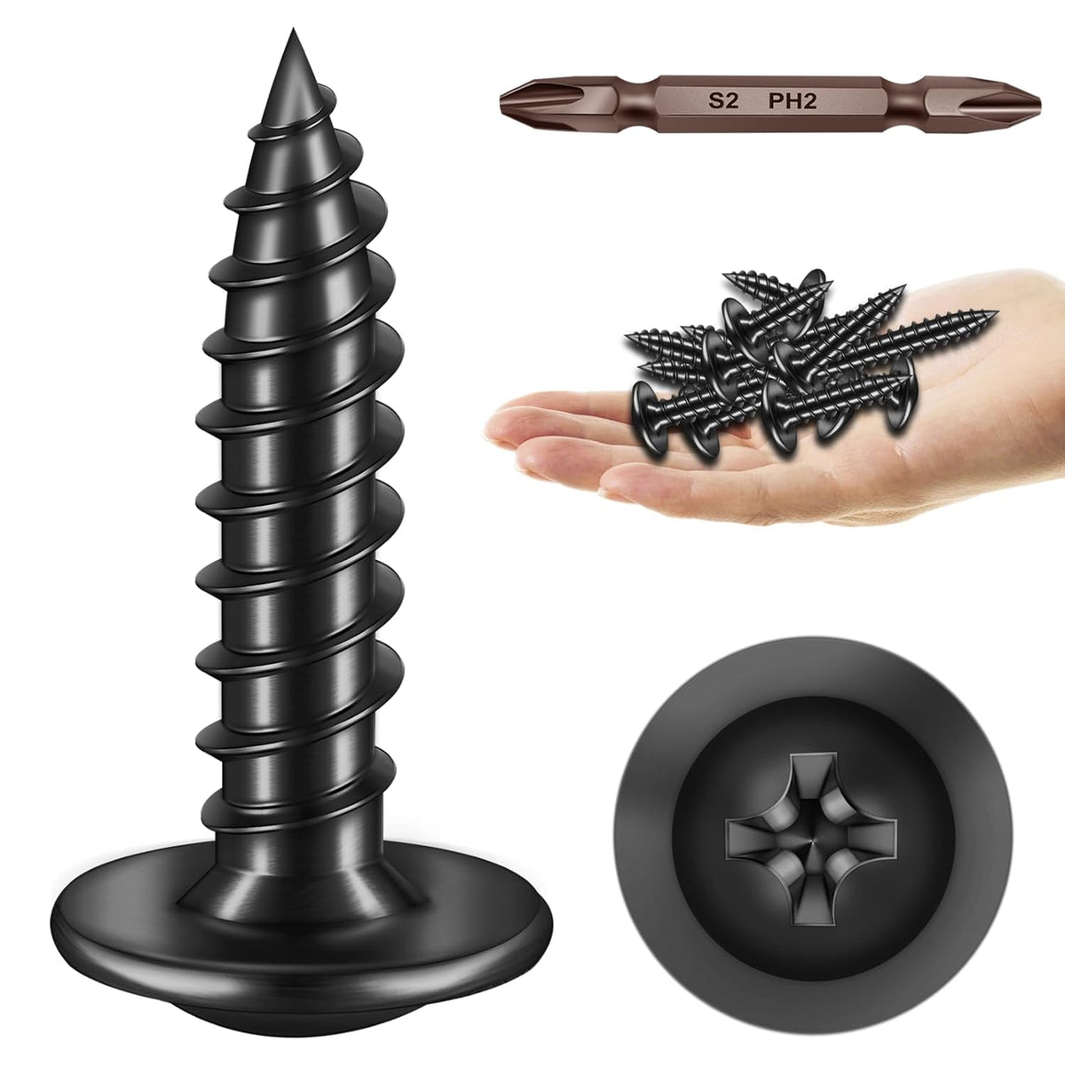 150Pcs #8 × 2" Black Screws for Wood, Phillips Truss Head Wood Screws, Quick Metal Self Tapping, Zinc Plated Steel, Truss Head Screws by Mywish - PuriLite