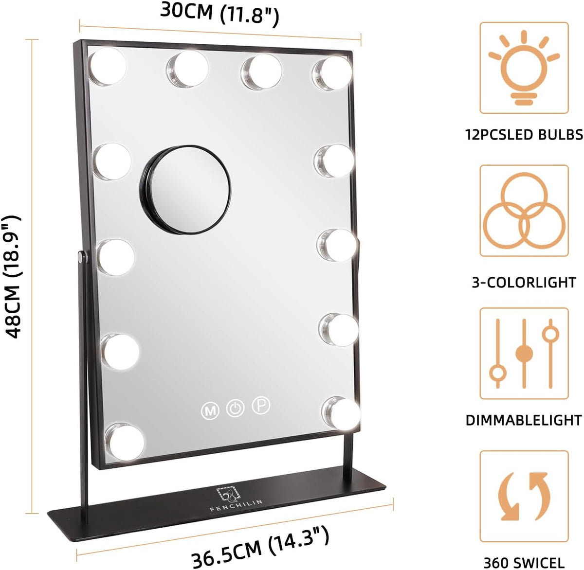 FENCHILIN Lighted Makeup Mirror Hollywood Mirror Vanity Makeup Mirror with Light Smart Touch Control 3Colors Dimmable Light Detachable 10X Magnification 360°Rotation(White) - PuriLite