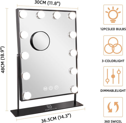 FENCHILIN Lighted Makeup Mirror Hollywood Mirror Vanity Makeup Mirror with Light Smart Touch Control 3Colors Dimmable Light Detachable 10X Magnification 360°Rotation(White) - PuriLite