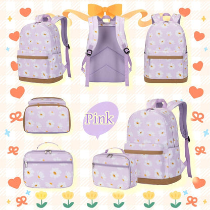 3Pcs Daisy Prints Backpack for Girls Bookbag set Primary School Daypack Elementary Students Knapsack with Lunch Box - PuriLite
