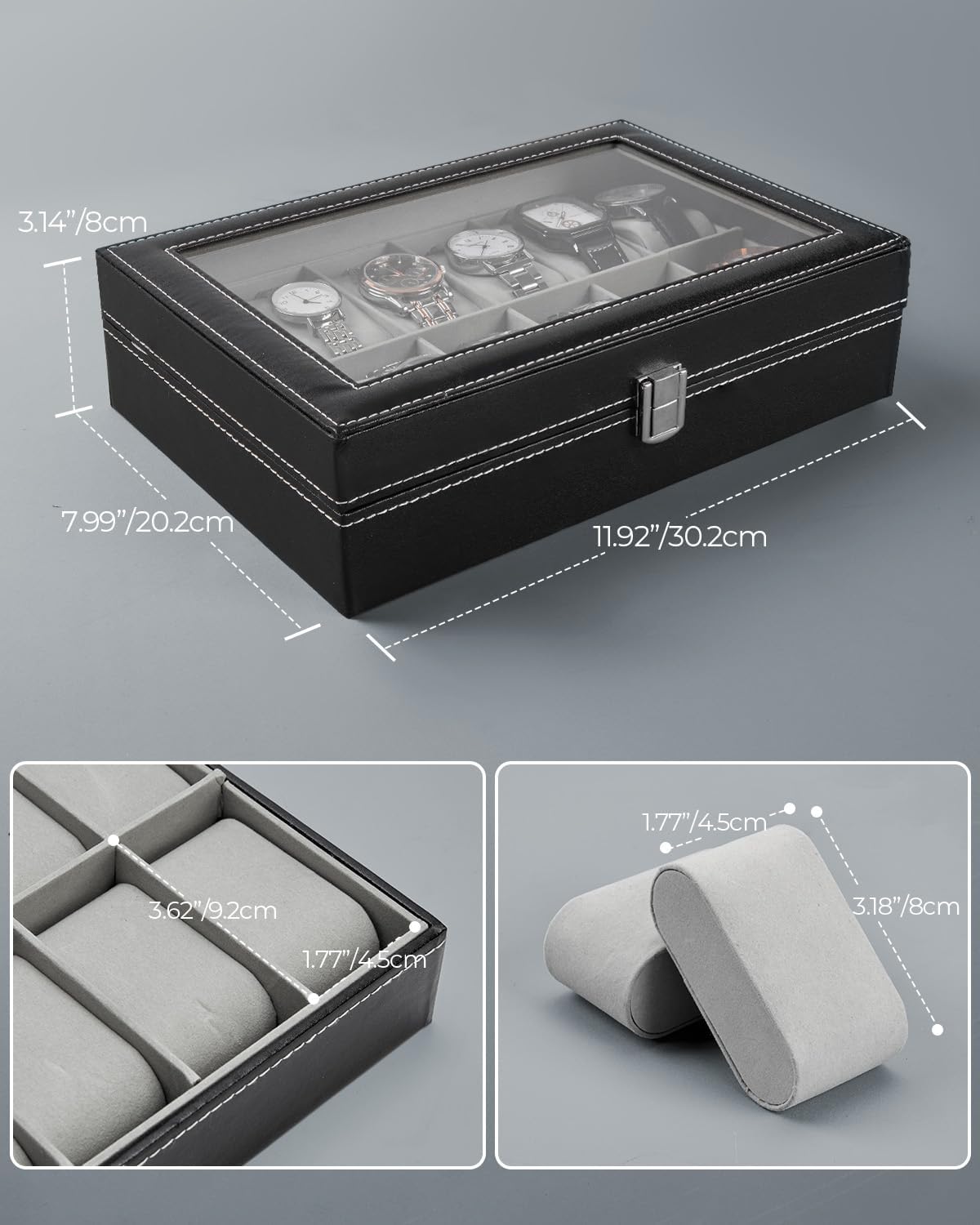 Ohuhu Watch Box Organizer for Men -12 Slot Leather Watch Case with Real Glass Lid Watch Display Case, Watch Organizer Jewelry Storage Box - PuriLite