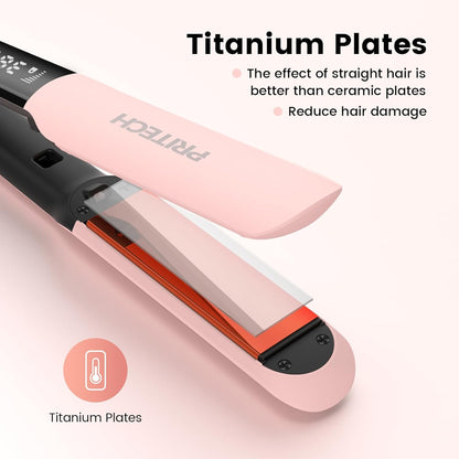 PRITECH Flat Iron Hair Straightener and Curler 2 in 1, Titanium Flat Iron with Negative Ions, Adjustable Temp(248℉-450℉) and Automatic Shut Off (Pink) - PuriLite
