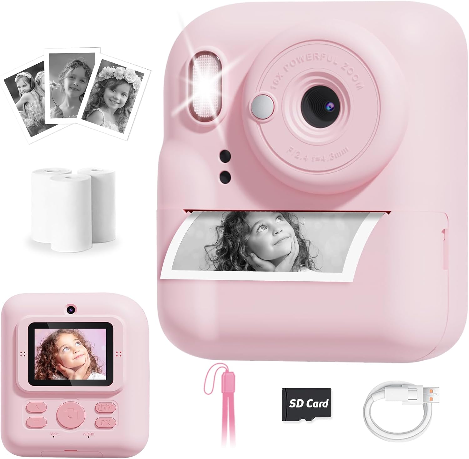 Pussan Kids Camera Instant Print, 1080P Instant Print Camera Toys for 3-12 Year Old Girls, Christmas Birthday Gifts for Age 3 4 5 6 7 Girls, Kids Digital Camera Toys with 3 Rolls Print Paper-Pink - PuriLite