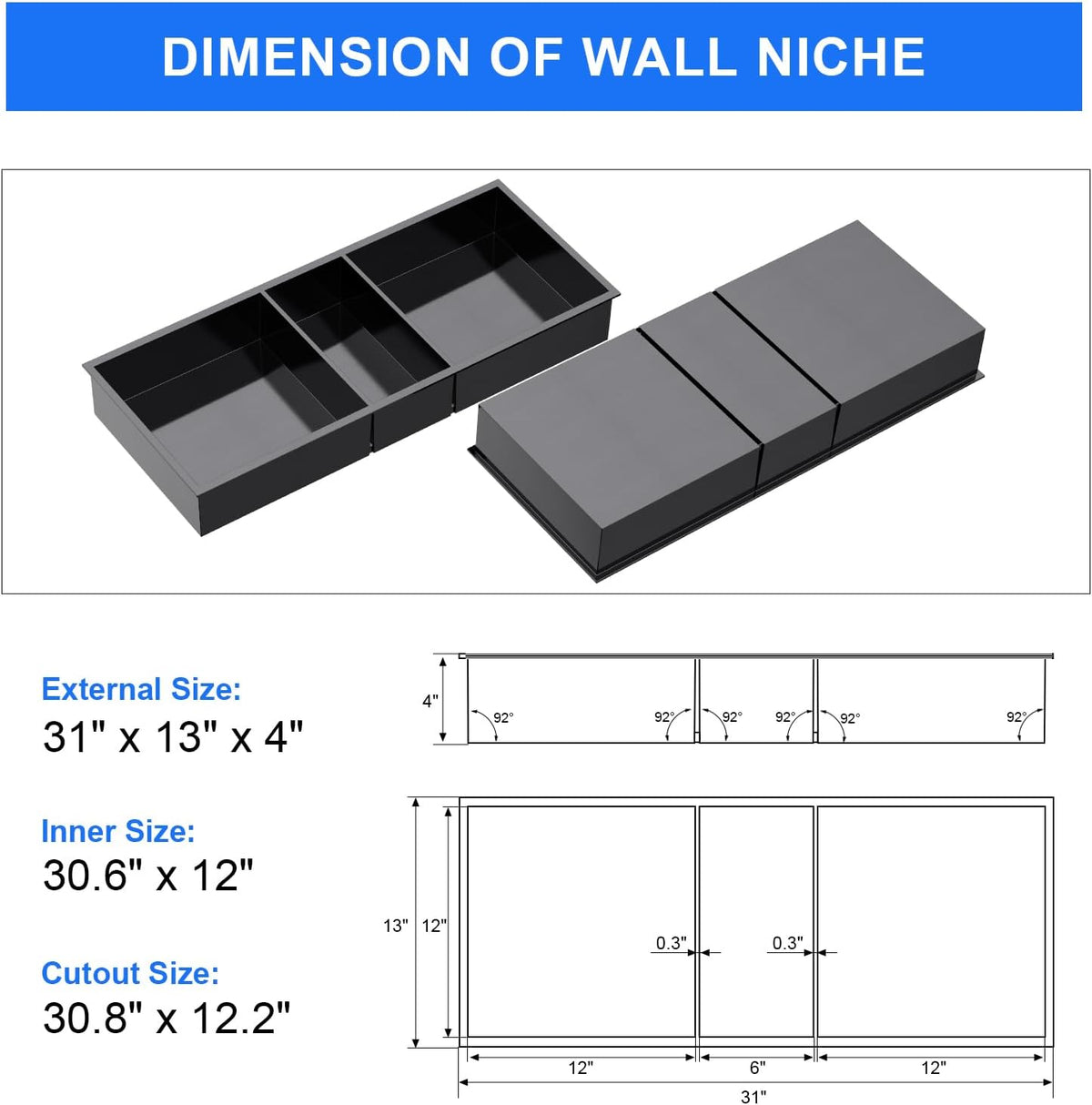 MENATT No Tile Shower Niche, Stainless Steel Wall Niche 13"X19"(Inner Size 12"X18"), Two-Tier Bathroom Shelf, NO Tile Needed Recessed Niche Shower for Bathroom Storage, Black - PuriLite