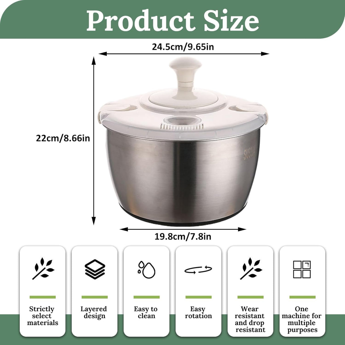 Salad Spinner 5L Dual Layer Stainless Steel & PP Lettuce Spinner with Lid & Rotating Handle Multi-Purpose Quick Dry Fruit and Vegetable Wash for Kitchen - PuriLite