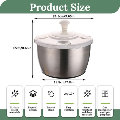 Salad Spinner 5L Dual Layer Stainless Steel & PP Lettuce Spinner with Lid & Rotating Handle Multi-Purpose Quick Dry Fruit and Vegetable Wash for Kitchen - PuriLite