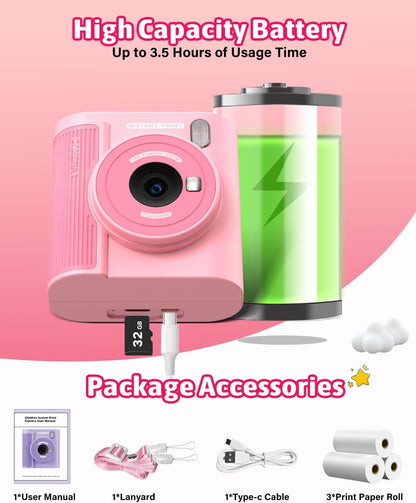 Mgaolo Kids Camera with Instant Print, Thermal Printing Digital Camera Gift for 3-12 Years Old Children, Safe Ink-Free Design, Toy for Creativity & Learning (Black) - PuriLite