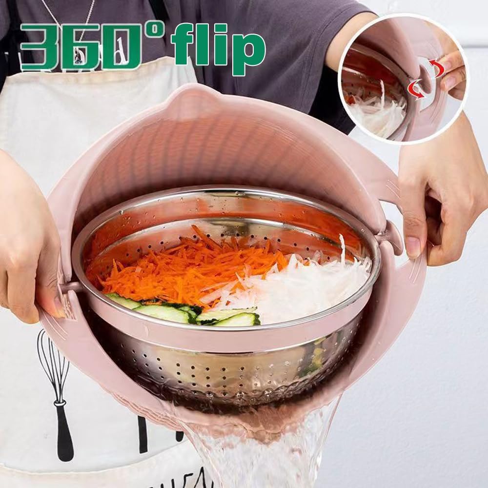 4 in 1 Colander with Bowl Set, Double Layer Fruit Cleaner, Salad Spinner, Rotatable Strainers, for Draining Cooked Pasta, Noodles,Vegetables, Fruits and Rice (Beige) - PuriLite