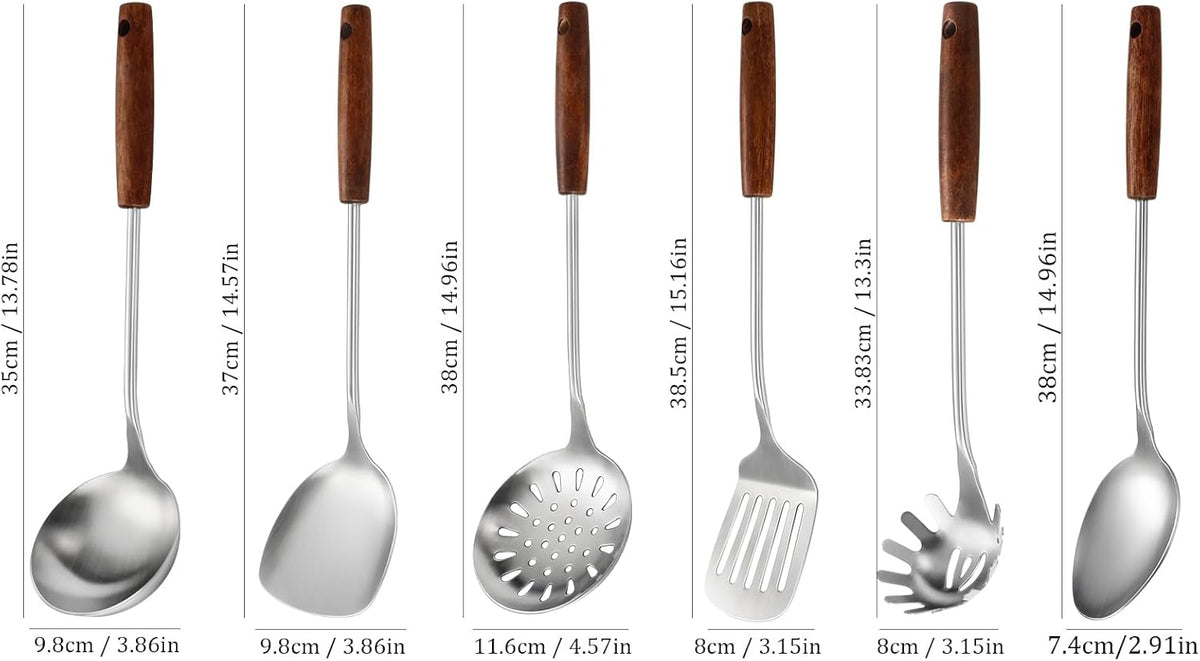 304 Stainless Steel Kitchen Utensils Set, 6 Pcs Long Cooking Utensils Set with Wooden Handle, Large Heat Resistant Kitchen Tools(Dishwasher Safe) - PuriLite