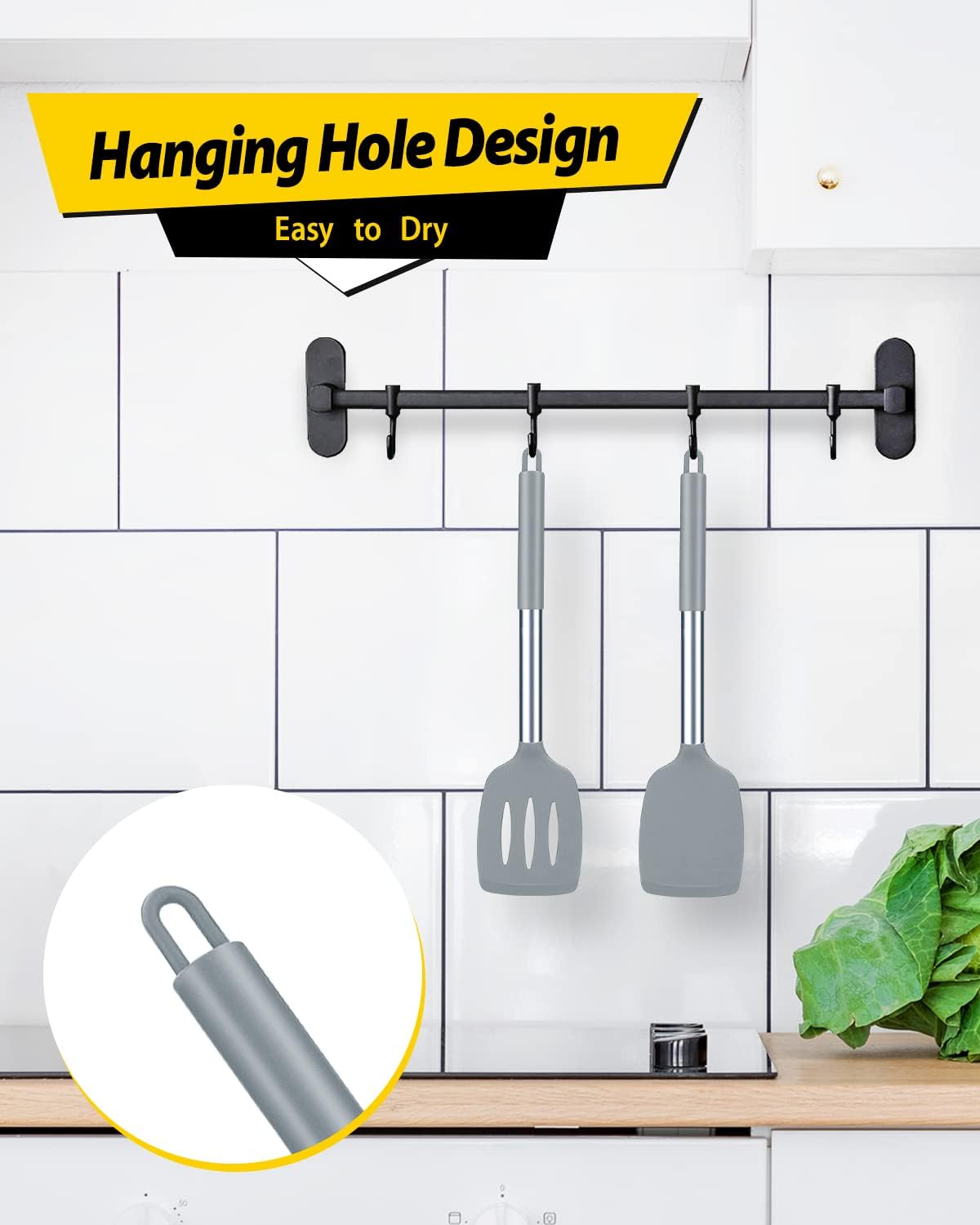 Pack of 2 Silicone Slotted Spatula,Non Stick Solid Kitchen Turner, High Heat Resistant BPA Free Cooking Utensils for Fish, Eggs, Pancakes（Black - PuriLite