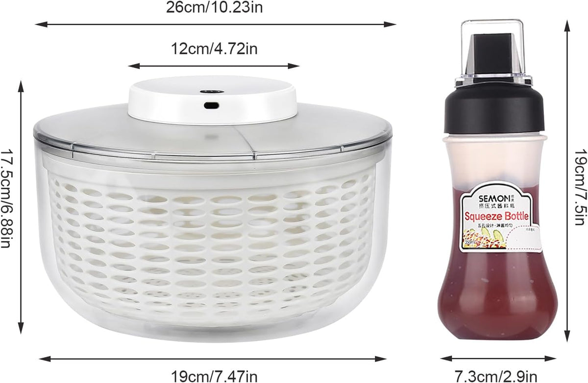 Electric Salad Spinner 6L Automatic Salad Spinner with 350 ml Squeeze Bottle, Quick Dehydrator for Fruit Vegetables,Lettuce Spinner with Lid, Multifunction Large Capacity, USB Rechargeable - PuriLite