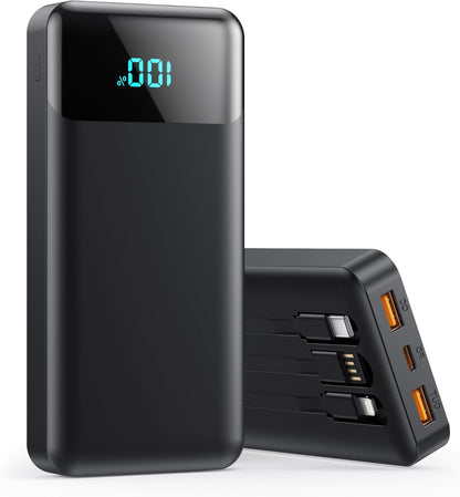 Power Bank 40800mAh Portable Charger with 3 Built-in Cable,25W PD USB C in&Out Power Bank Fast Phone Charging,QC4.0 LED Display Portable Battery Pack Compatible with iPhone 16/15,Samsung Android-Black - PuriLite