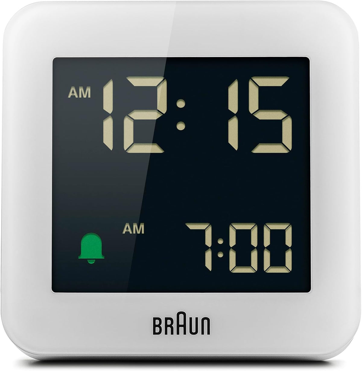 Braun Digital Alarm Clock with Snooze, Negative LCD Display, Quick Set, Crescendo Beep Alarm in White, Model BC09W. - PuriLite