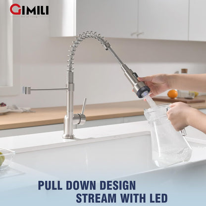 GIMILI Matte Black Kitchen Faucet with LED Light,Single Hole Spring Kitchen Sink Faucet with Pull Down Sprayer - PuriLite