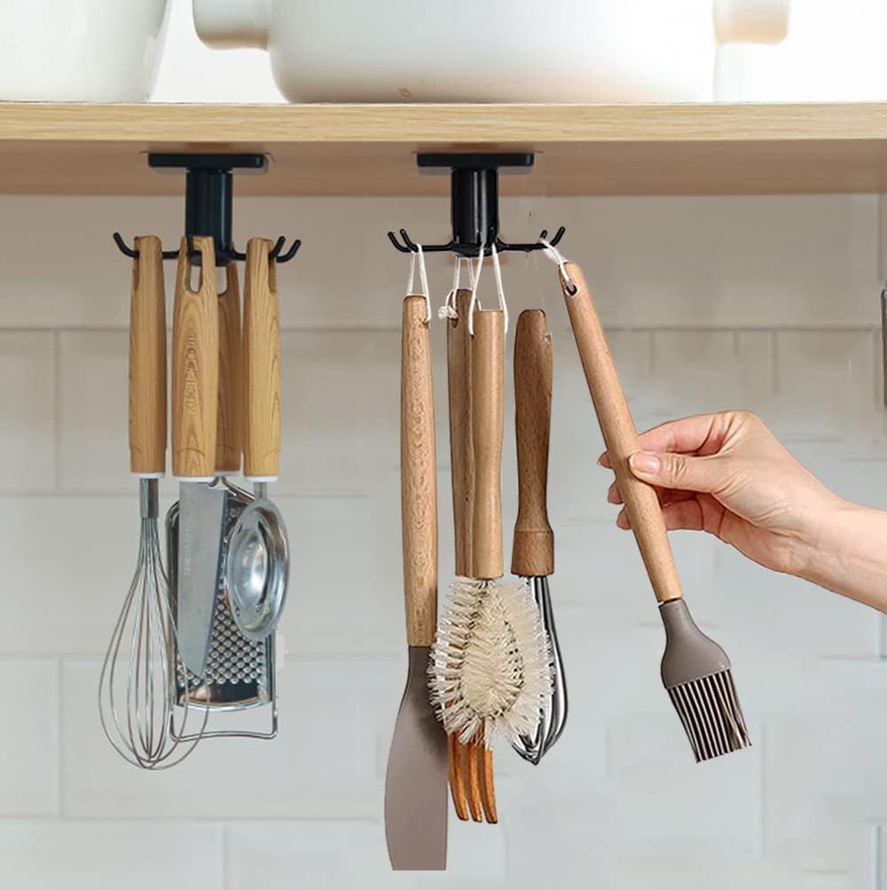 EigPluy 2-Pack Under Cabinet Kitchen Utensil Hooks – 360° Rotating, Drilling-Free Adhesive Hanging Rack for Utensils, Towels, Knives, and Kitchen Tools, Black - PuriLite