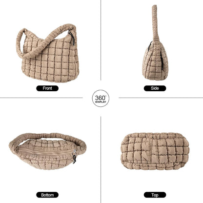 Quilted Puffer Tote Bag Large Crossbody Shoulder Bag with Zipper, Nylon Hobo Oversized Handbag - PuriLite