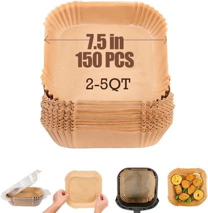7.5 Inch Air Fryer Parchment Paper Liners Square,150 Pcs Non-Stick &Oil-Proof Air Fryer Liners Disposable for 2-5 QT Frying,Baking,Roast - PuriLite