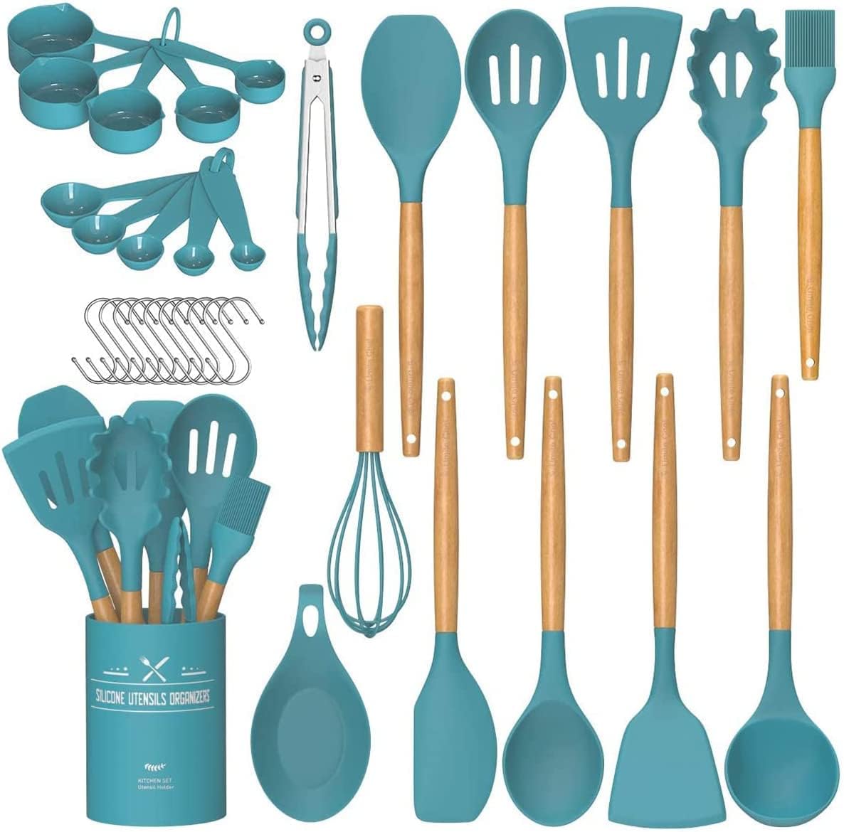 Umite Chef Kitchen Cooking Utensils Set, 33 pcs Non-Stick Silicone Cooking Kitchen Utensils Spatula Set with Holder, Wooden Handle Silicone Kitchen Gadgets Utensil Set (Khaki) - PuriLite